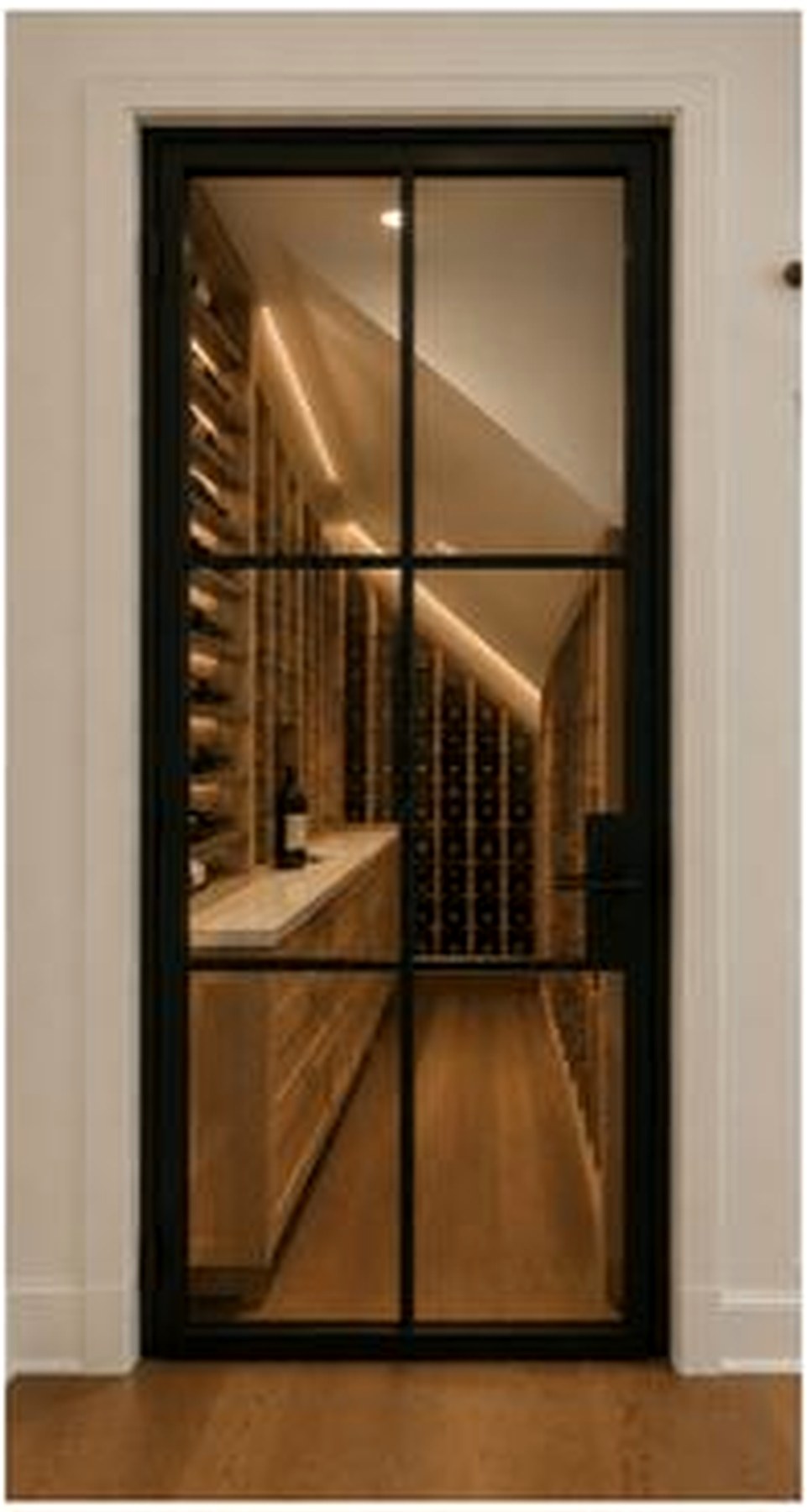 Wine room design visualization with black-framed glass door