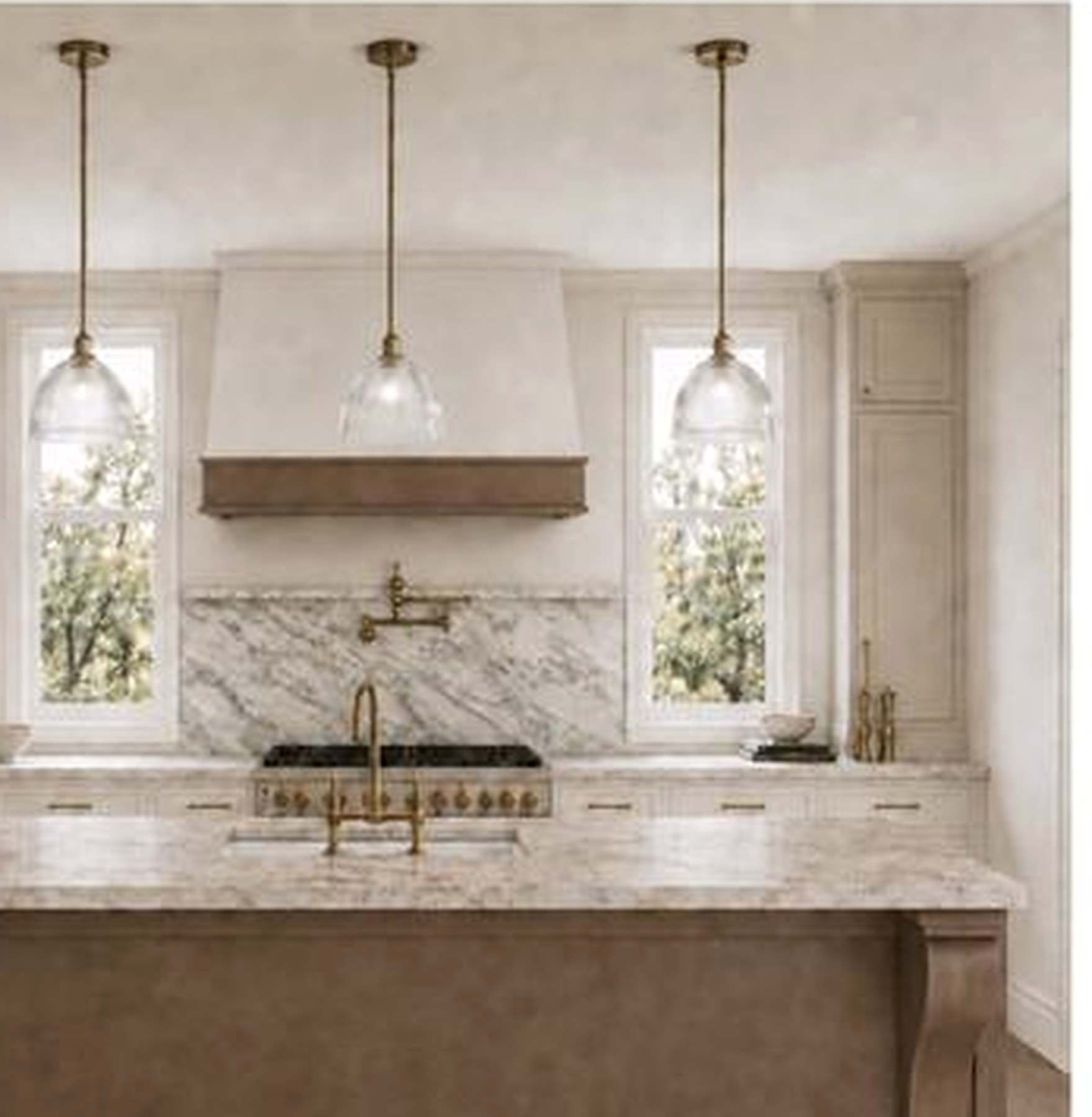 Kitchen design visualization with warm wood island and light cabinetry