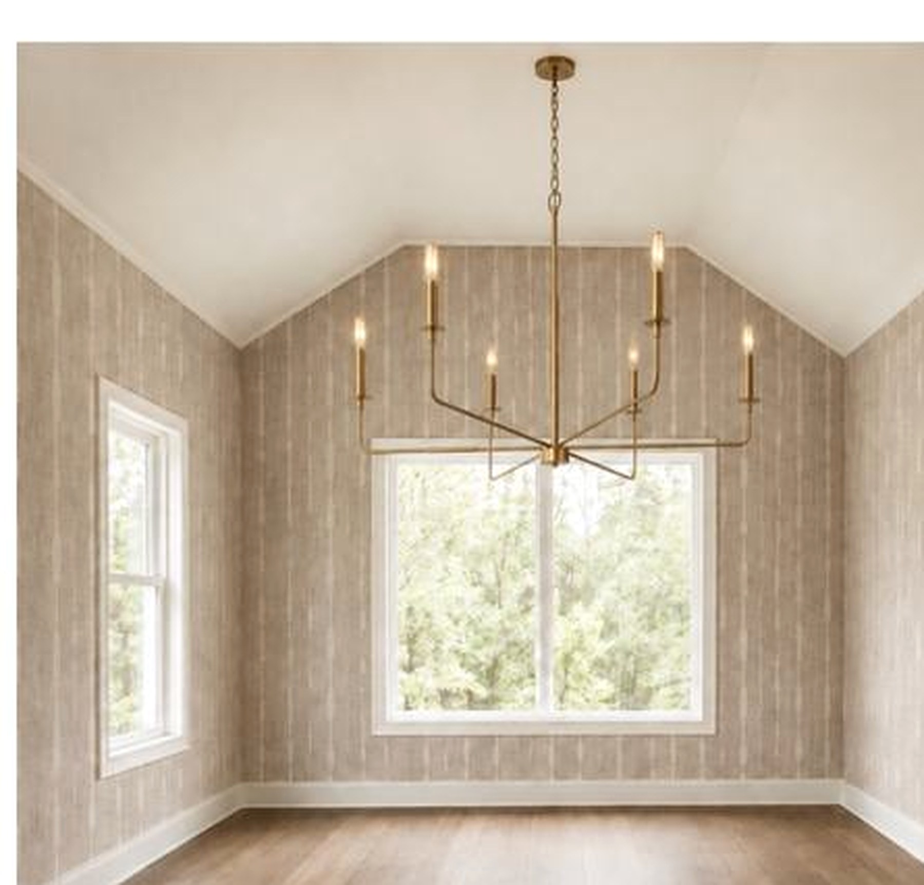Dining room design visualization with vaulted ceiling and brass chandelier