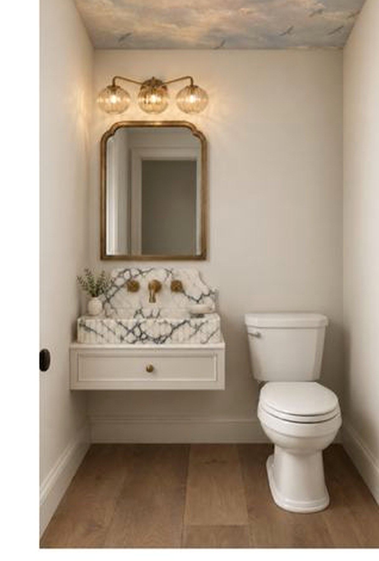 Powder bathroom design visualization with warm wood vanity and brass details
