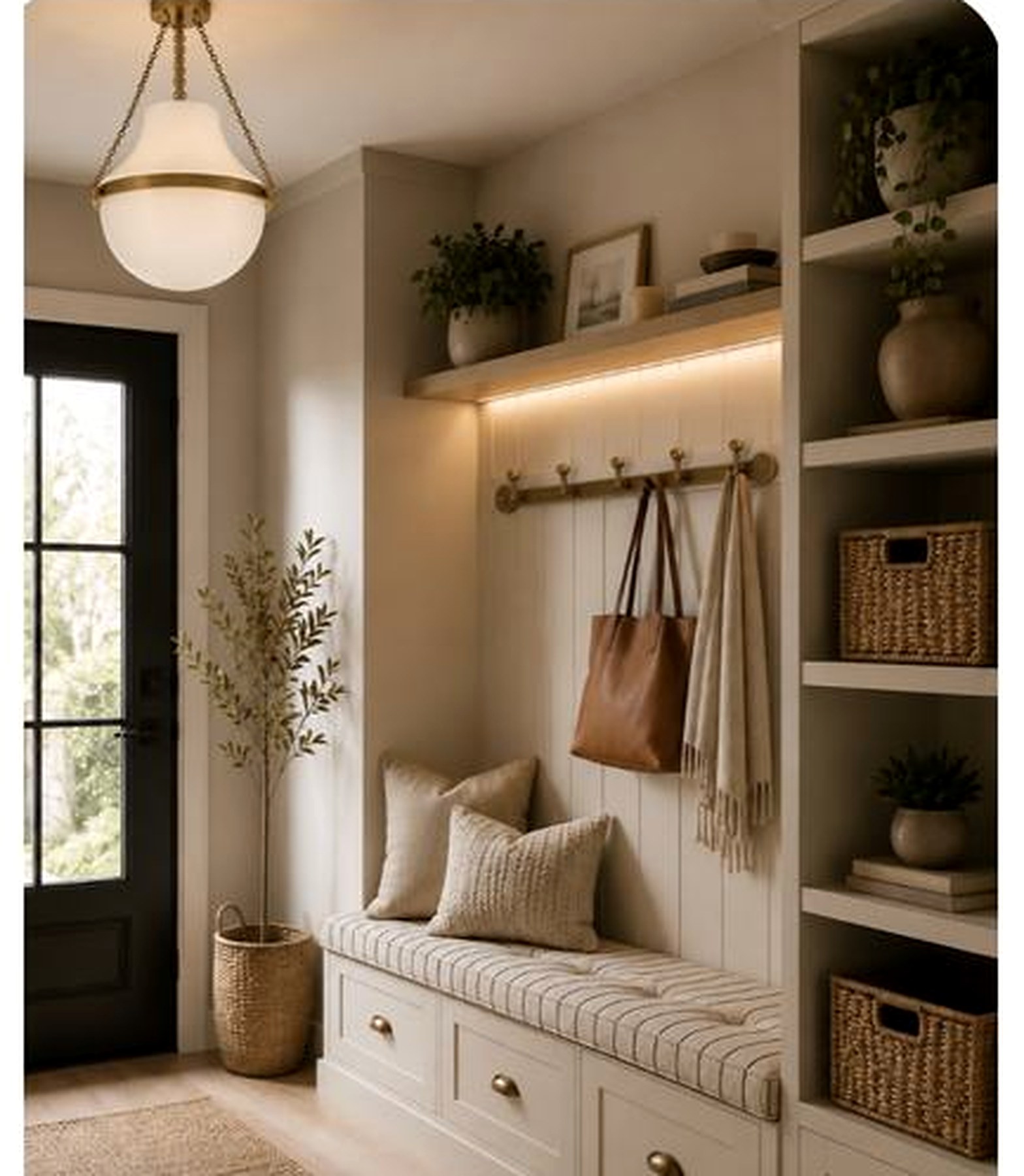 Mudroom design visualization with built-in bench and storage