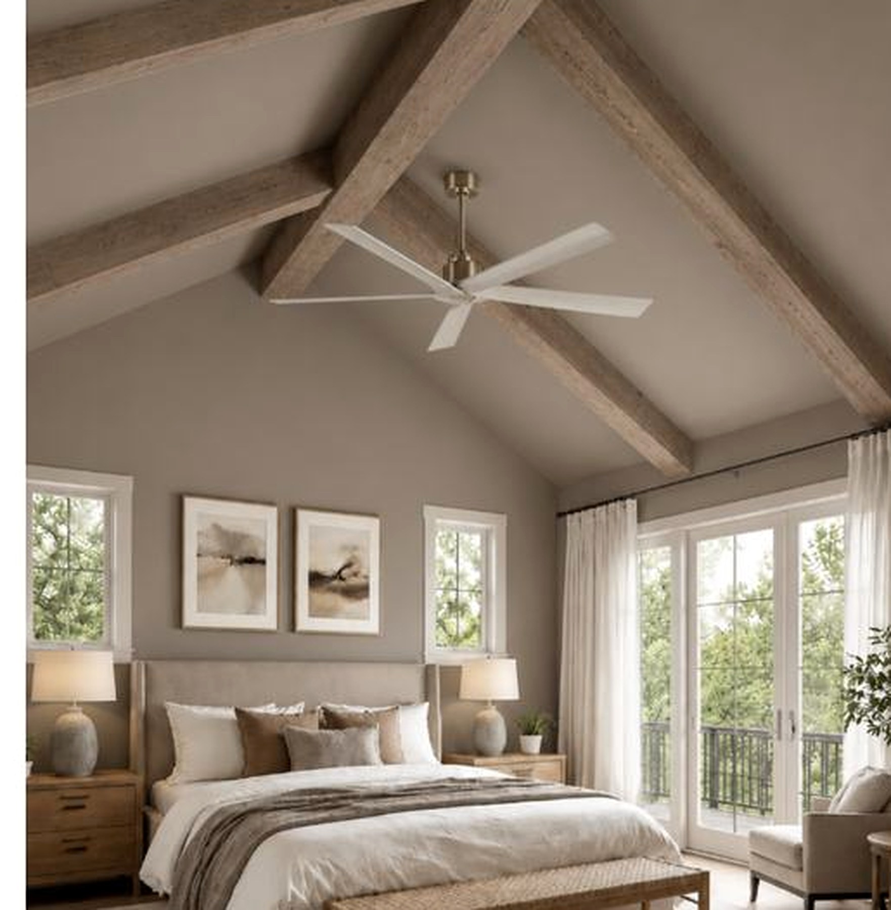 Primary bedroom design visualization with vaulted ceiling