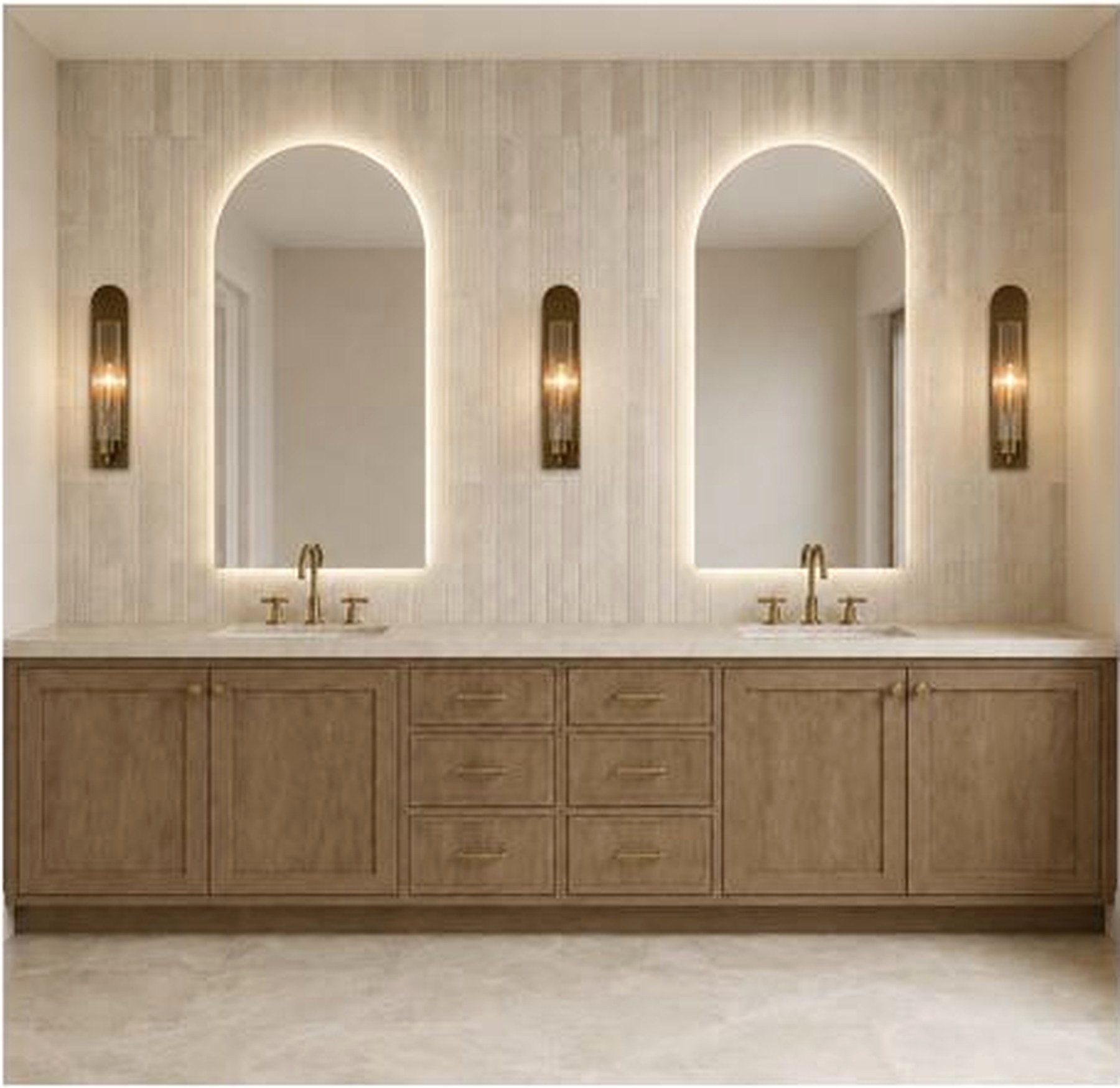 Primary bathroom vanity design visualization with illuminated arched mirrors