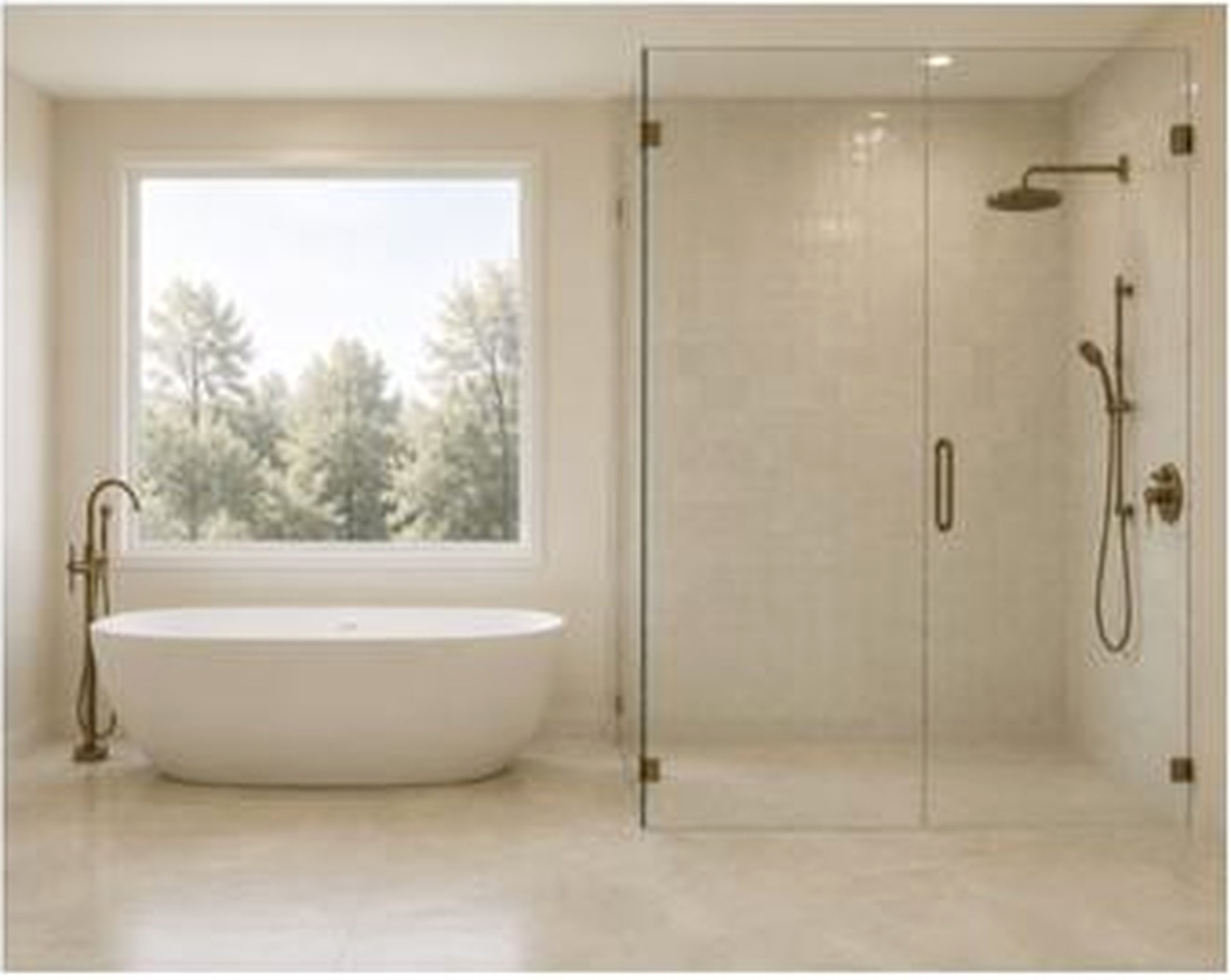 Primary bathroom design visualization with freestanding tub and glass shower