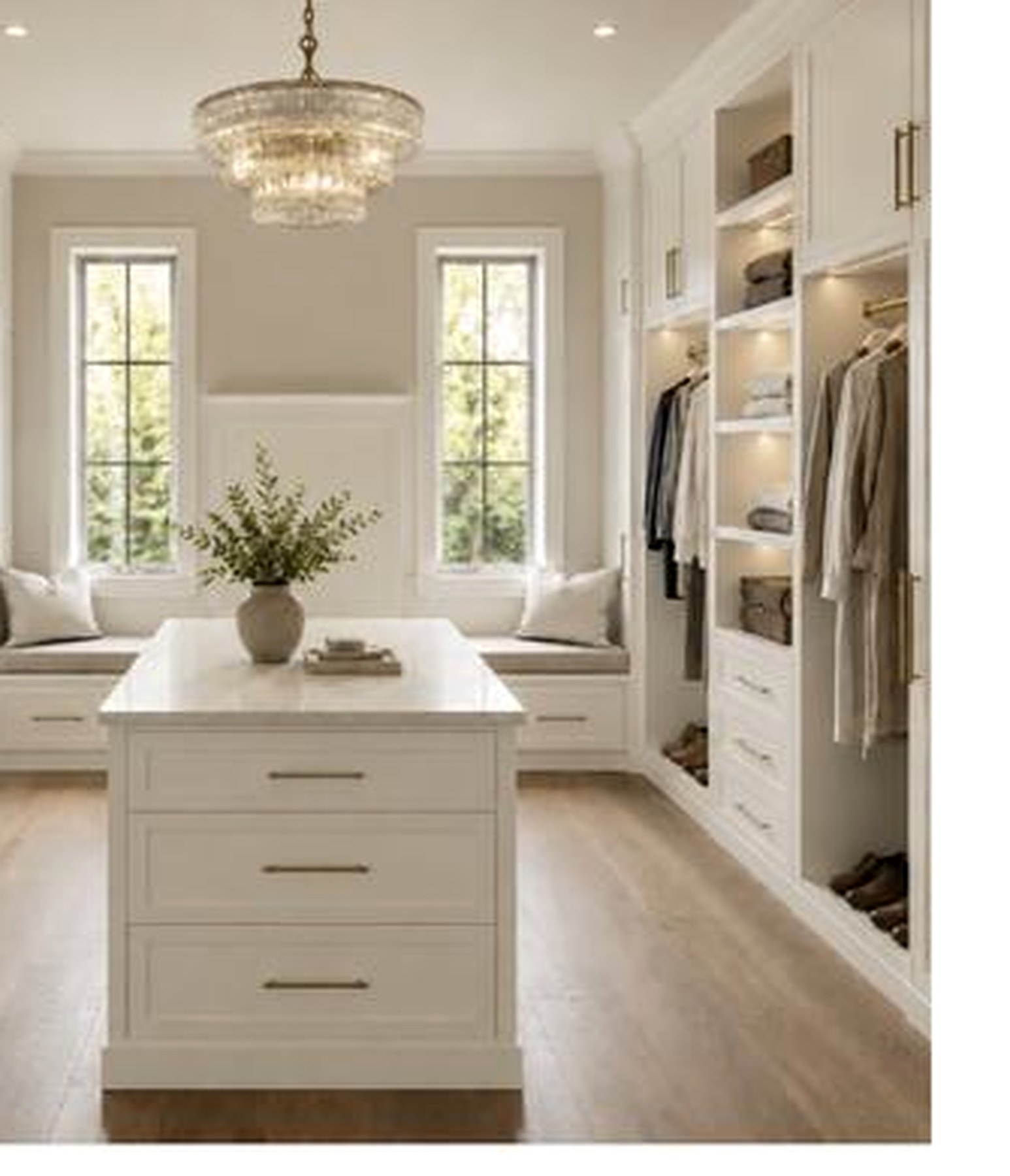 Primary wardrobe design visualization with built-in storage island